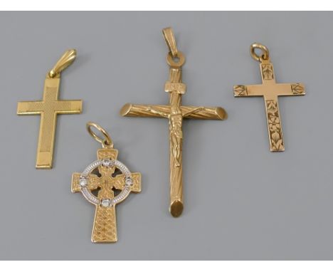 9ct ornate crucifix pendant, 2" long; together with a 9ct two tone Celtic cross pendant set with four diamonds, 0.06ct approx