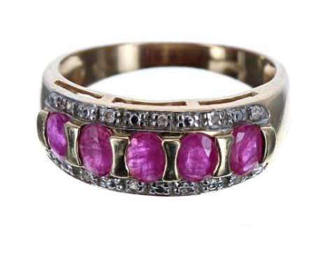 Ruby and diamond 9ct band ring, 2.5gm, band width 7mm, ring size L
