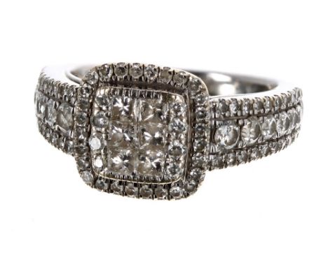 18ct white gold pavé diamond cluster ring, set with princess and round brilliant-cuts, 10mm, 5gm, ring size E