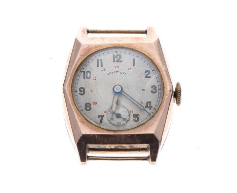 Shield 9ct mid-size fixed lug wristwatch head, London 1943, signed dial with Arabic numerals, red inner 24 hour numerals, min
