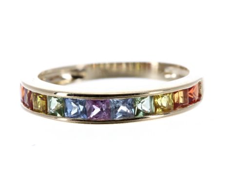 Modern 9ct multi-gem seT half eternity ring, band width 4mm, 2.2gm, ring size M/N
