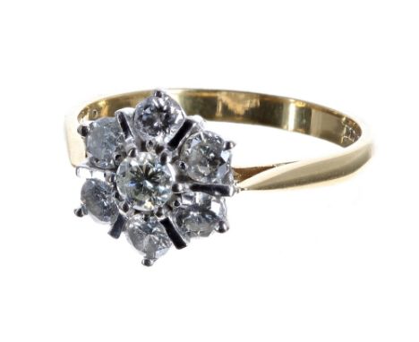 18ct seven stone diamond daisy cluster ring, round brilliant-cut, 0.75ct, clarity SI, colour H-J, 11mm, 2.9gm, ring size N