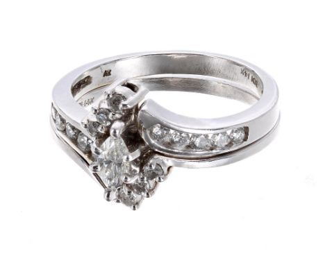 14ct white gold and diamond double crossover two-piece bridal ring, with a centred marquise diamond and round brilliant-cuts,