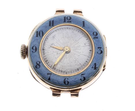 Swiss 9ct and enamel lady's bracelet watch, import hallmarks London 1913, circular silvered dial with inner minute track, the