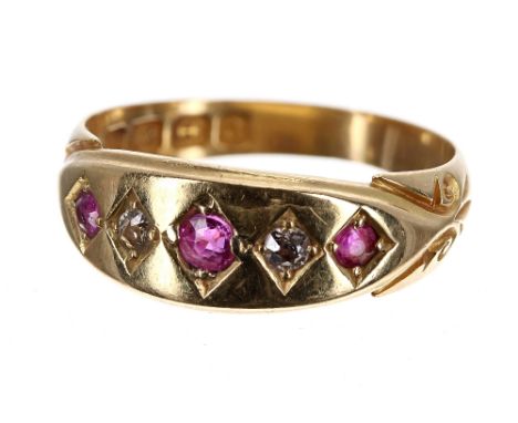 18ct ruby and diamond gypsy ring, Birmingham 1900, band width 7mm, 3.8gm, ring size M   