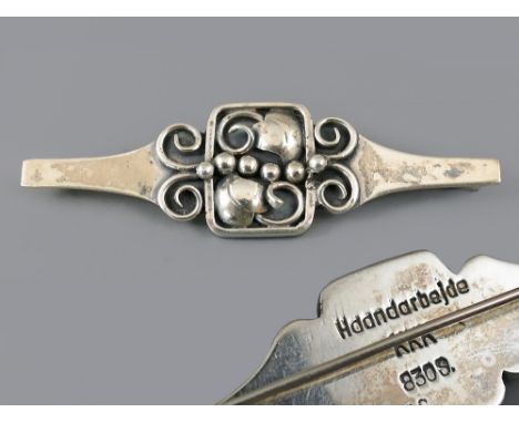 Vintage Scandinavian silver brooch of scroll and floral form, marked 'Haandarbejde KKK 830S', 2.5" long