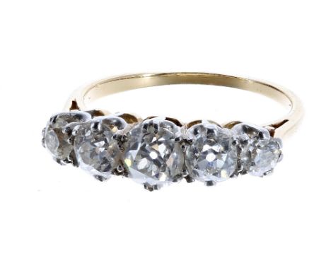 Good quality five stone old-cut diamond ring, in yellow gold with a white metal claw setting, 1.50ct approx, clarity VS-SI, c