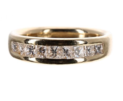 18ct yellow gold band ring set with nine princess-cut diamonds, 0.73ct approx, clarity VS2-SI, colour H-1, band width 5.5mm, 