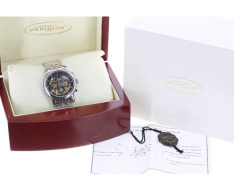 Meridian automatic stainless steel gentleman's bracelet watch, circular black dial with skeleton centre, baton markers, subsi
