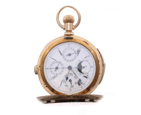 Fine Swiss 14ct quarter repeater chronograph calendar pocket watch with moon phase, gilt frosted lever set movement with comp