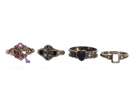 Four antique rings for repair to include an 18ct 1.5gm, 9ct mourning ring 1.9gm; 14ct ring 1.6gm; 15ct stone set ring 2gm (st