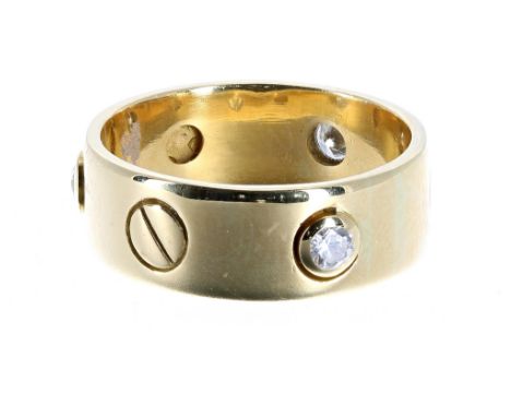 Cartier style 18ct 'Love' diamond band ring, set with three round brilliant-cut diamonds, 0.45 ct approx, clarity VS-SI , col