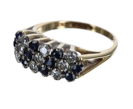 18ct sapphire and diamond cluster ring, set with nine diamonds and ten sapphires, 4.4gm, band width 8mm, ring size N/O; with 