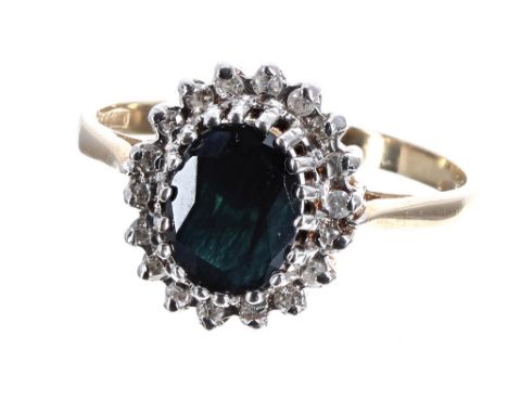 Sapphire and diamond 9ct oval cluster ring, 2.5gm, 13mm x 11mm, ring size M
