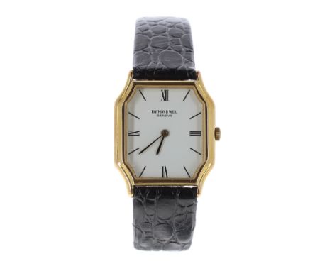 Raymond Weil Geneve gold plated and stainless steel gentleman's wristwatch, ref. 7037, white dial with Roman numerals and bat