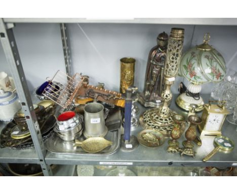 A COLLECTION OF MISC SMALL ITEMS TO INCLUDE; BRASS CASED CARRIAGE CLOCK, A PAIR OF CASES, DECORATIVE METAL WARES, A TABLE LAM