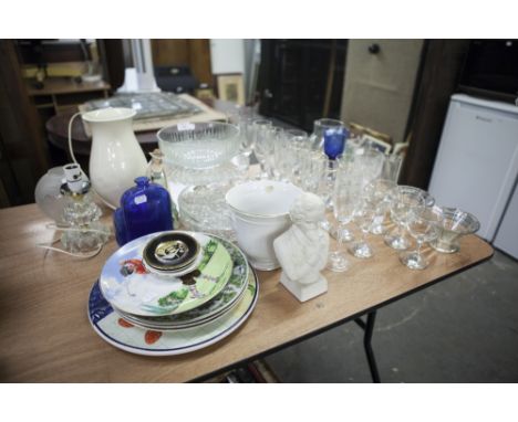 A WHITE ALABASTER BUST OF MALIN, CERAMIC WALL PLATES, ORNAMENTS AND GLASSWARES 