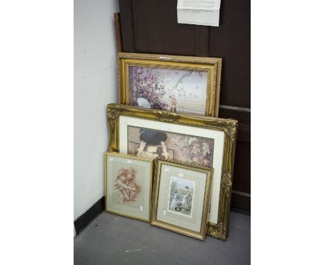 TWO OLEOGRAPHS PORTRAIT OF A LADY AND CHILD ANOTHER PRINT 'LADY IN A HAT'  AND 'THE LADY WITH A FAN' ALL OF FRENCH INFLUENCE 
