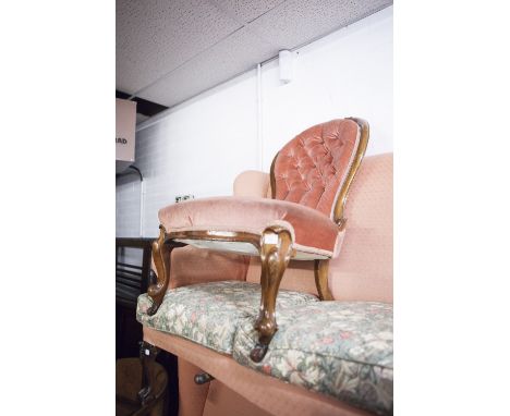 VICTORIAN LADIES CARVED WALNUT WOOD SPOON BACK NURSING CHAIR WITH BUTTON UPHOLSTERED BACK AND STUFF OVER SEAT