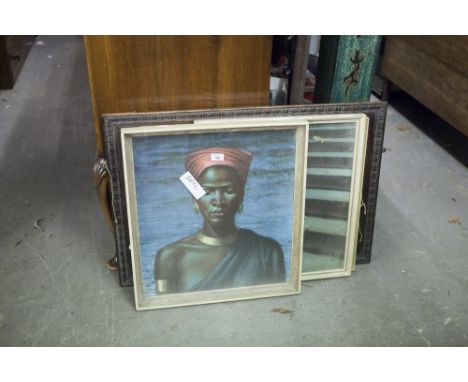 AN OBLONG OAK FRAMED WALL MIRROR AND A COLOUR PRINT OF AN INDIAN WOMAN, ANOTHER OF AN AFRICAN AND ANOTHER PRINT (4) 
