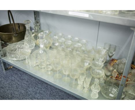 CUT GLASS SHIPS DECANTER AND STOPPER, TWO OTHER DECANTERS STEM WINES ETC... AND OTHER GLASSWARES VARIOUS 