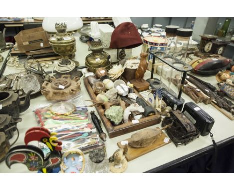 SUNDRY ORNAMENTS, A MANTEL CLOCK METAL MINIATURE UTENSILS ON WOODEN DISPLAY STAND, JARDINIERE'S, A MODEL OF A DACHSHUND, A BR