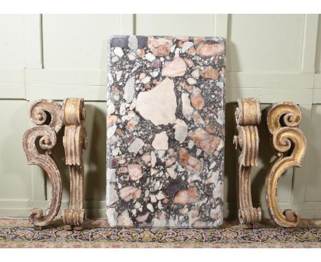 A LARGE PAVONAZZETTO MARBLE TABLE TOP 20TH CENTURY With re-entrant corners 4cm thick, 125cm wide, 76cm deep TOGETHER WITH A S