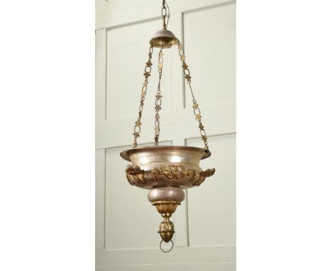 A SILVERED AND PARCEL GILT PENDANT LIGHT  LATE 19TH CENTURY AND LATER In Ecclesiastical taste 148cm high overall including ha
