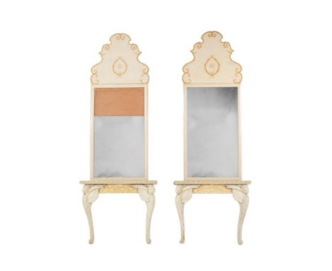 A PAIR OF CREAM AND LIGHT YELLOW PAINTED CONSOLE TABLES AND PIER MIRRORS  THE CONSOLES INCORPORATING 19TH CENTURY AND LATER E