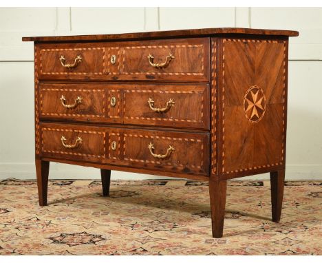 A MALTESE OLIVEWOOD AND WALNUT COMMODE  LATE 18TH CENTURY  With chequered banding throughout 91cm high, 138cm wide, 59cm deep