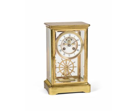 A LATE VICTORIAN FOUR-GLASS BRASS FRAMED MANTEL CLOCK  The rounded rectangular top with circular white  enamel dial with Roma