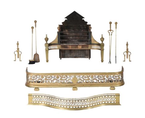 A BRASS AND IRON FIRE GRATE IN THE GEORGE III ADAM STYLE  LATE 19TH CENTURY 93cm wide  TOGETHER WITH A COLLECTION OF FIRE FUR