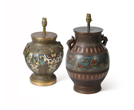 TWO CHINESE BRONZE AND CHAMPLEVE ENAMEL VASES   LATE 19TH/EARLY 20TH CENTURY AND LATER ADAPTED  Now fitted as lamp bases, dri