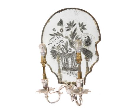 A SET OF THREE ETCHED AND ENGRAVED MIRRORED AND SILVERED METAL TWIN LIGHT WALL APPLIQUES  INCORPORATING 18TH CENTURY AND LATE