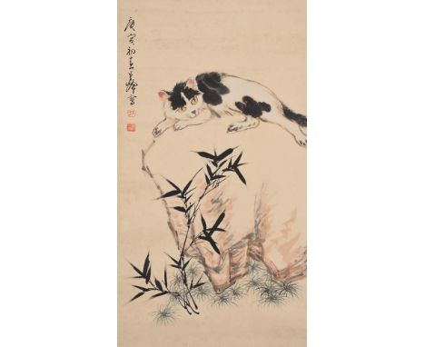 A CHINESE WATERCOLOUR PAINTING OF A CAT 20TH CENTURY Signed Sun Qifeng Ink and colour on paper, scroll, picture size 89cm x 4