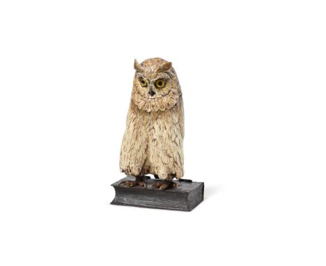 AFTER FRANZ BERGMAN, A COLD PAINTED BRONZE FIGURE OF AN OWL  LATE 20TH CENTURY The owl naturalistically modelled standing on 