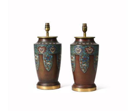 TWO JAPANESE BRONZE AND CHAMPLEVE ENAMEL BALUSTER VASES  Adapted for electricity  41cm high including fittingsProvenance:  Fr