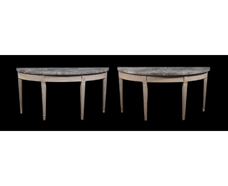 A PAIR OF PAINTED WOOD AND GREY MARBLE TOPPED CONSOLE TABLES  LATE 20TH CENTURY Of semi-elliptical outline  Each 75.5cm, 150c