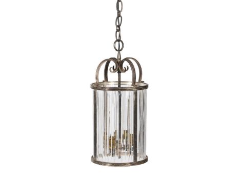 A SILVER PLATED HALL LANTERN EARLY 20TH CENTURY Of cylindrical form, with four fluted glass panes 45.5cm high excluding chain