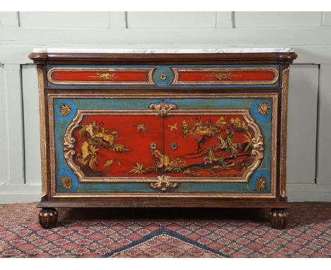 A FRENCH RED, BLUE AND PARCEL GILT DECORATED COMMODE 19TH CENTURY  With shaped white marble top above a drawer and pair of ca