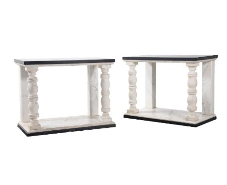 A PAIR OF MARBLE AND SLATE SIDE OR CONSOLE TABLES  OF RECENT MANUFACTURE With turned baluster supports to the front Each 62cm