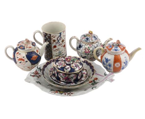 A SELECTION OF WORCESTER PORCELAIN  VARIOUS DATES THIRD QUARTER 18TH CENTURY Comprising:   A blue scale ground butter dish, c