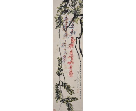 A GROUP OF FOUR CHINESE WATERCOLOUR SCROLL PAINTINGS 20TH CENTURY Each signed and inscribed, picture size 128cm x 32.5cm (4) 