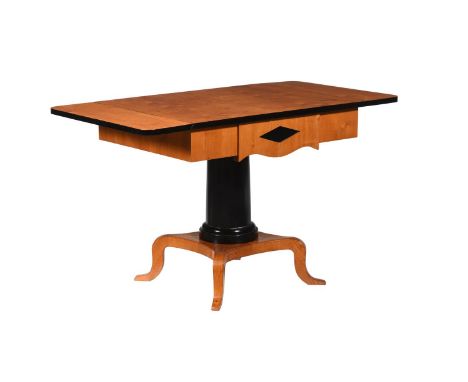 A SCANDINAVIAN PINE, ASH AND EBONISED SOFA TABLE  19TH CENTURY  With rounded rectangular twin-flap top, the frieze fitted wit