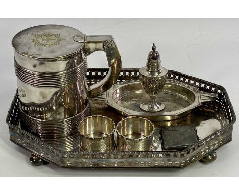 SMALL SILVER &amp; EPNS WARE, seven items to include a Victorian silver pepper pot, London 1896, 10cms H, oval glass dish hol