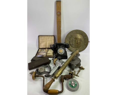 MISCELLANEOUS PARCEL - to include Bakelite 'Call Exchange' telephone, vintage tools including a heavy pulley, insecticide pum