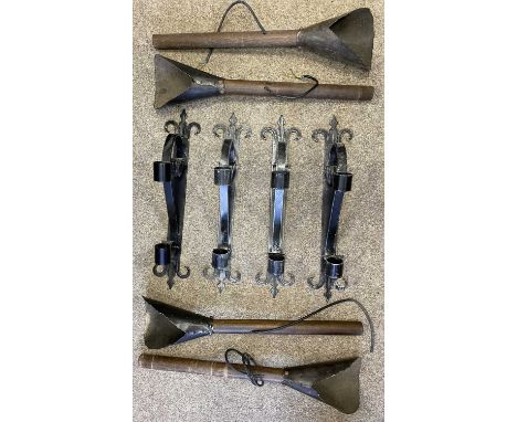 SET OF FOUR MEDIEVAL STYLE WROUGHT IRON RUSTIC LAMP HOLDERS, flaming torch effect