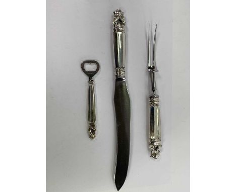 GEORG JENSEN, DENMARK, ACORN PATTERN CUTLERY, three items, all having sterling silver handles, to include a bottle opener, 16