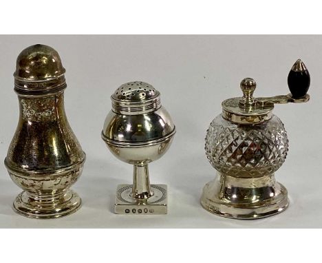 SILVER &amp; SILVER MOUNTED CONDIMENT ITEMS x 3, to include a baluster form salt shaker, London 1920, maker possibly George P