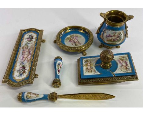 GILT ORMOLU MOUNTED FRENCH PORCELAIN DESK SET - 6 items, the porcelain all decorated with floral and cherubic panels, items i